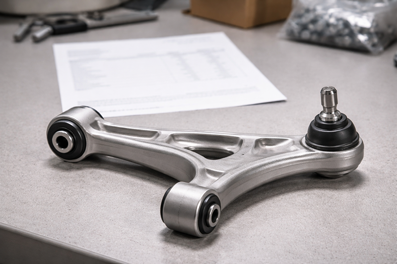 a close-up of a control arm sample on a desk next to a price quote