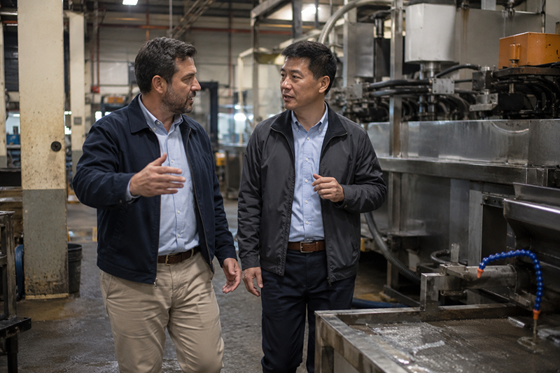 a buyer and a factory manager discussing details during a factory tour