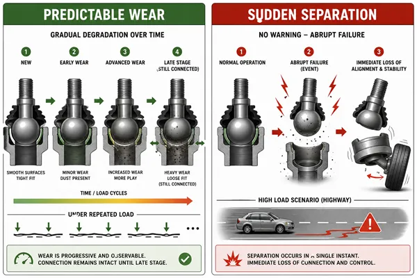 Ball Joint Failure Profile Comparison Two ball joint failure profiles: predictable wear vs. sudden separation