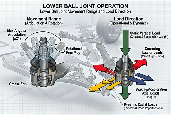 How a lower ball joint works – load and movement Lower ball joint movement range and load direction