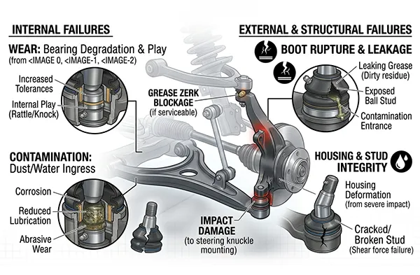 Why lower ball joints fail – common failure modes Common lower ball joint failure points