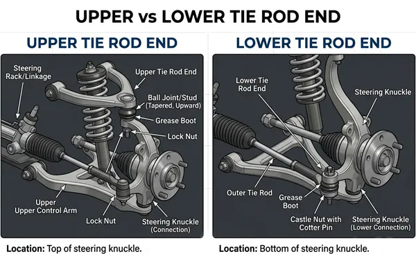 Upper vs Lower Tie Rod End Comparison Upper and Lower Tie Rod End comparison diagram showing different positions and structures