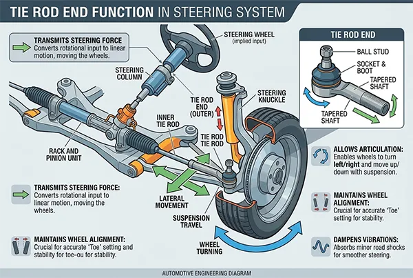 tie rod end function in steering system and suspension movement