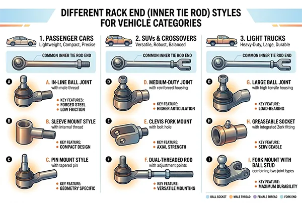 Different rack end styles by vehicle type different rack end styles for passenger cars SUVs and light trucks