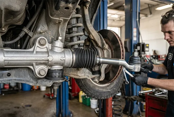 Rack end installed on steering rack housing