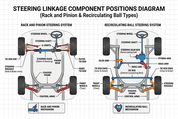 Steering linkage diagram showing tie rod end and rack end positions