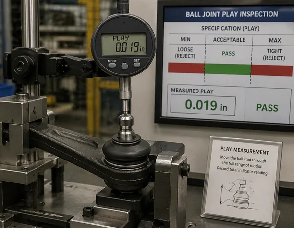 Measuring ball joint play and clearance tolerance Ball joint play measurement and tolerance inspection process