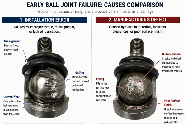 Ball joint early failure triage installation error versus manufacturing defect Short ball joint service life causes installation error versus product defect