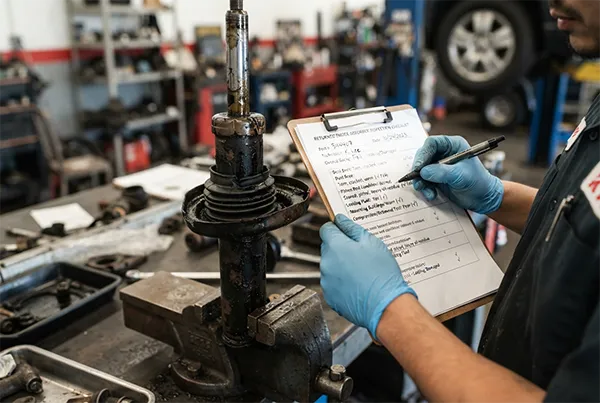 Inspection checklist for returned shock absorber showing dust boot and piston rod condition