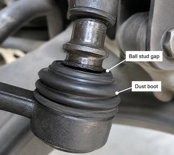 Dust boot and ball stud gap as early sway bar link failure indicators