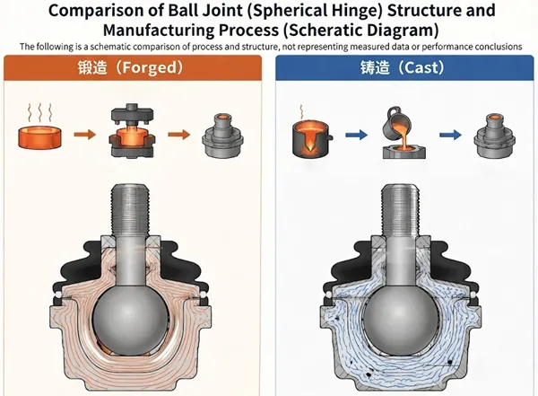 Forged vs cast ball joint cross-section comparison
