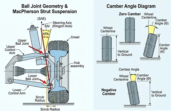 How ball joint wear affects wheel camber and tire contact Ball joint geometry and camber angle diagram