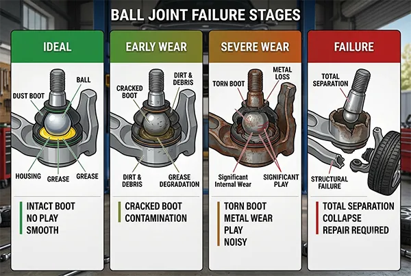 Ball joint failure stage and tire wear severity Ball joint failure stages and wear severity