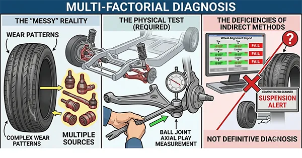 Causes of uneven tire wear beyond ball joint failure Multiple causes of uneven tire wear in suspension system