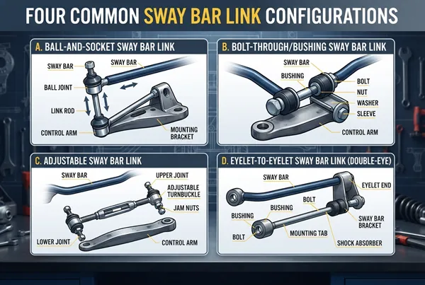 types of sway bar links including ball joint bushing hybrid and adjustable designs