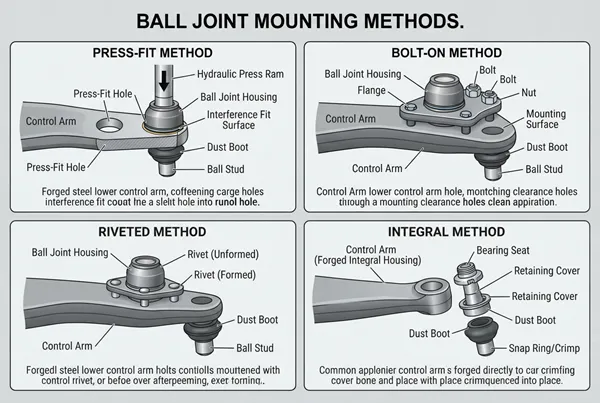 types of ball joints by press in bolt on riveted and integrated mounting method