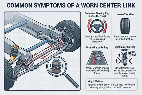 Symptoms of a bad center link including steering play and looseness