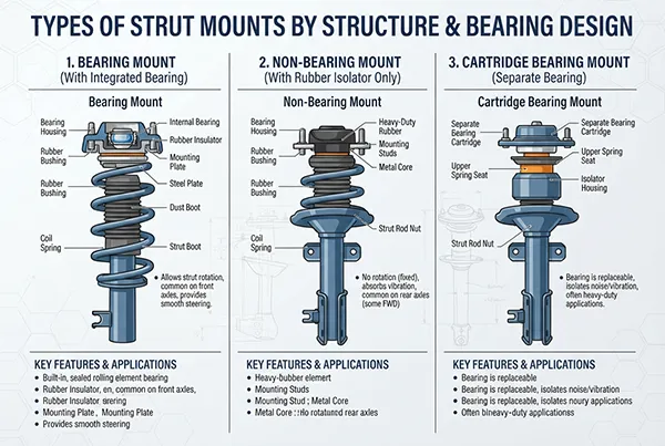 Common strut mount structures and bearing arrangements types of strut mounts by structure and bearing design