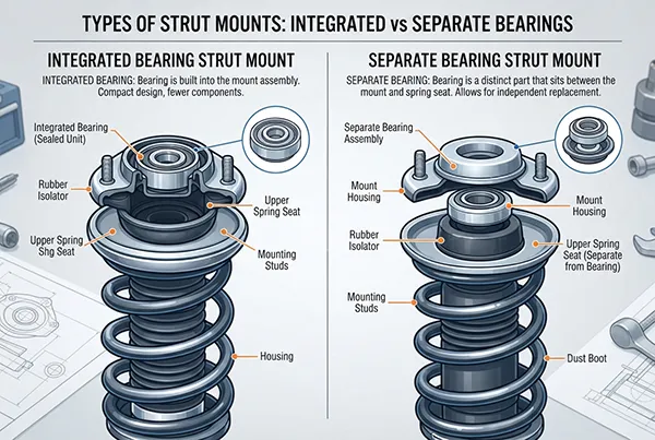 Integrated bearing, separate bearing, and non-bearing strut mounts types of strut mounts with integrated and separate bearings