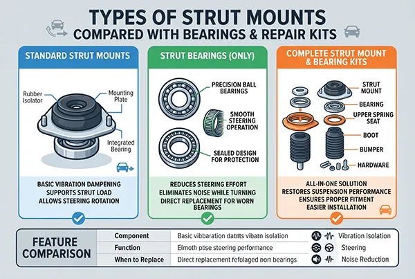 Difference between strut mounts, bearings, insulators, and kits types of strut mounts compared with bearings and repair kits
