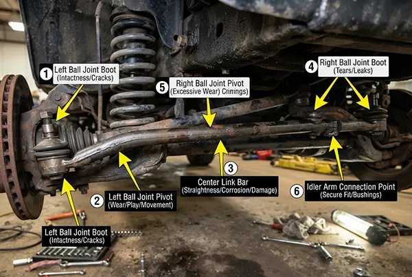 visual center link inspection for cracks boots corrosion and fasteners