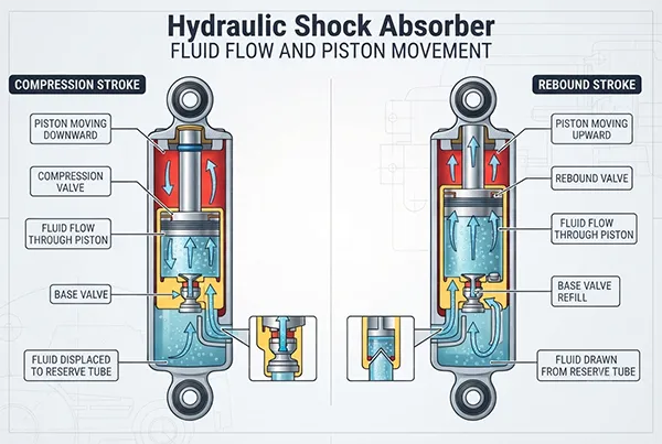 hydraulic shock absorber fluid flow and piston movement