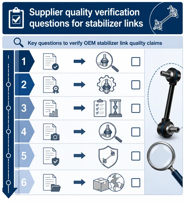 Key questions to verify OEM stabilizer link quality claims Supplier quality verification questions for stabilizer links